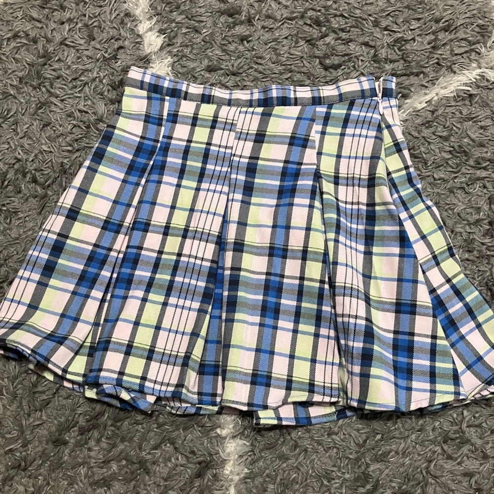Pleated Plaid Mini Skirt - Blue, Pink & Mint